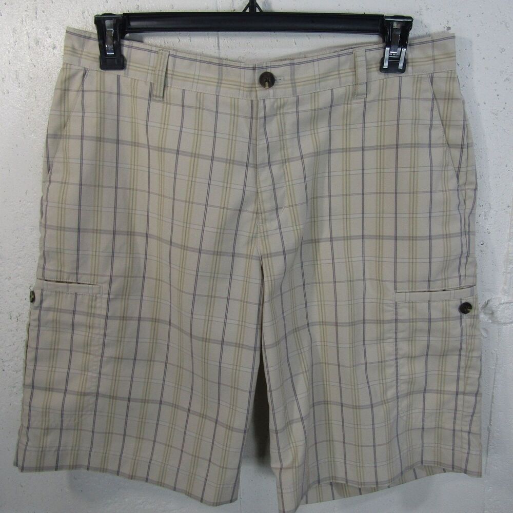 Adidas Men's Plaid Flat Front Golf Cargo Shorts Beige Tan Size 34 12" Inseam